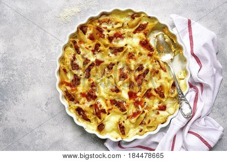 Conchiglioni Stuffed With Minced Meat Baked In Sauce Bolognese.top View.
