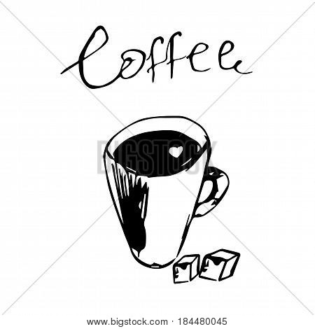for cafe, logo, cup of coffee on white background, black and white picture