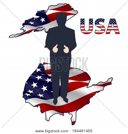 The silhouette of the President standing on the USA map filled with American flag waving in the wind