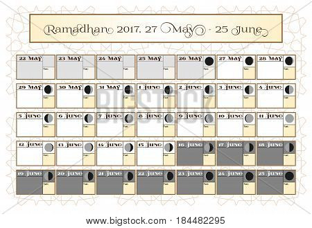 Ramadan calendar 2017, 27th May. Check date choice. Includes: fasting tick calendar, moon cycle - phases, 30 days of Ramadan on white background with Islamic pattern. Vector illustration
