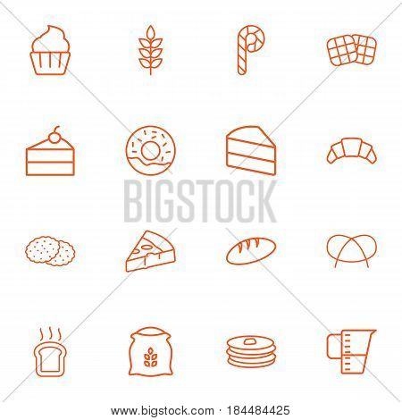 Set Of 16 Cook Outline Icons Set.Collection Of Donuts, Pretzel, Waffle And Other Elements.