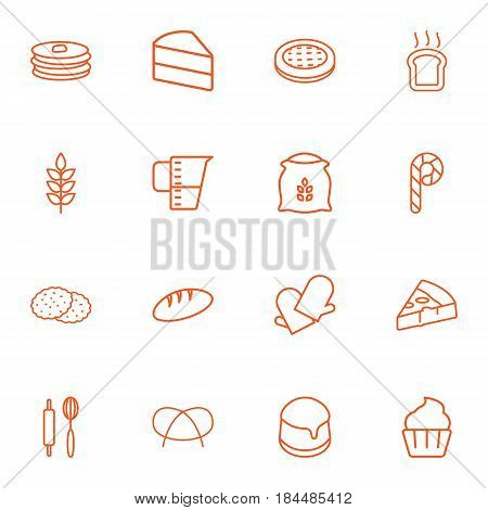 Set Of 16 Cook Outline Icons Set.Collection Of Rolling Pin, Measuring Cup, Pudding And Other Elements.