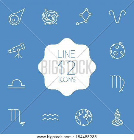 Set Of 12 Astrology Outline Icons Set.Collection Of Asteroid, Aries, Scorpion And Other Elements.