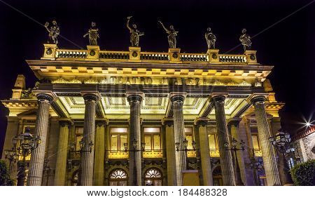 GUANAJUATO, MEXICO - DECEMBER 31, 2014 Juarez Theater Statues Night Guanajuato Mexico