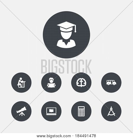 Set Of 9 Education Icons Set.Collection Of School Autobus, Calculate, Binoculars And Other Elements.