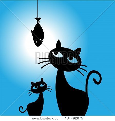 Cat dreams of fish. Cat wants to eat fish illustration.