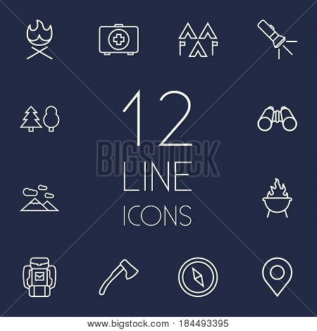 Set Of 12 Adventure Outline Icons Set.Collection Of Forest, Medical Kit, Encampment And Other Elements.