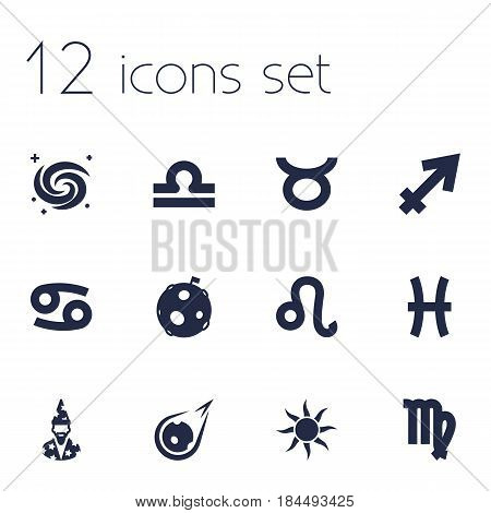 Set Of 12 Astronomy Icons Set.Collection Of Augur, Solar, Crab And Other Elements.
