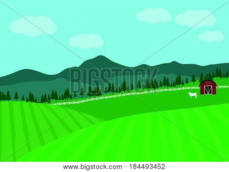 Countryside Farm Vector illustration, green, field, mountain.