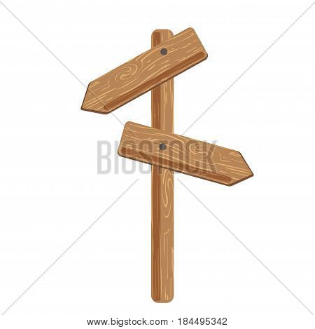 Two indexes showing in different directions attached on wooden stick on white background. Indications of right road, orientation in area. Vector illustration of wooden signs graphic icons in flat style
