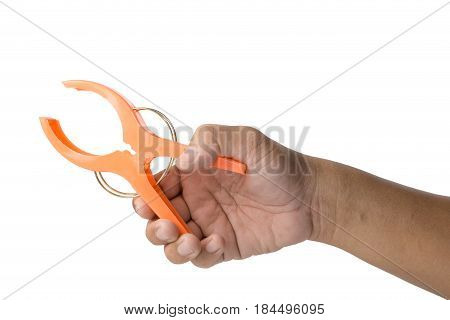 Hand Press Clothespeg Isolated On White Background