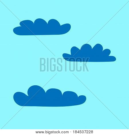 Clouds set sign. Plane icons isolated on blue background. Color weather logo. Cloudscape symbol. Light flat silhouette. Weather mark. Stock vector illustration