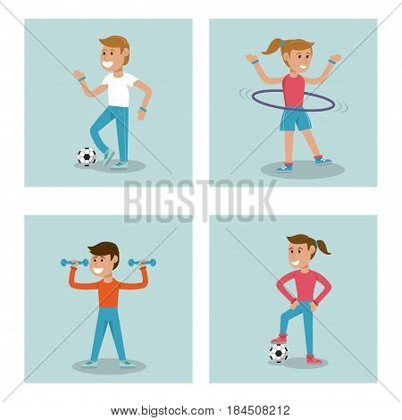 set kids practicing sport physical education school vector illustration