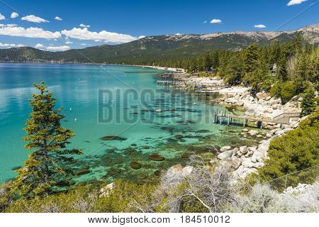 Beautiful boulders and crystal clear water of the lake Tahoe. Hidden Beach, Lake Tahoe - Nevada, USA
