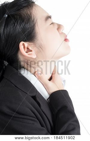 Acute Pain And Sore Throat Symptom In A Woman Isolated On White Background. Clipping Path On White B