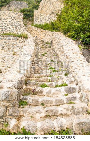 Stone stairs of old abandoned medieval Kalnik fortress ruins in Prigorje, Croatia