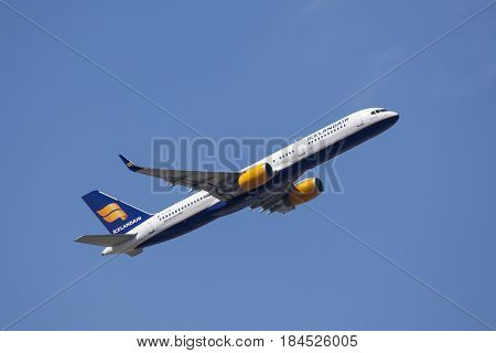 Frankfurt Germany - March 30 2017: Icelandair Boeing 757-200 after take off at the Frankfurt international airport