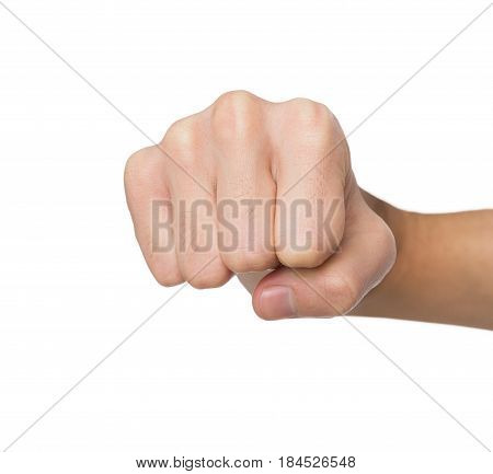 Hand gesture. Man clenched fist, ready to punch, isolated on white, close-up, copy space