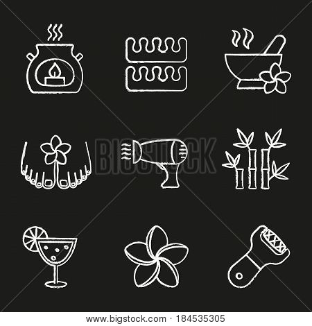 Spa salon chalk icons set. Aromatherapy candle, toes separators, mortar and pestle, hairdryer, plumeria, bamboo sticks, cocktail, foot file. Isolated vector chalkboard illustrations