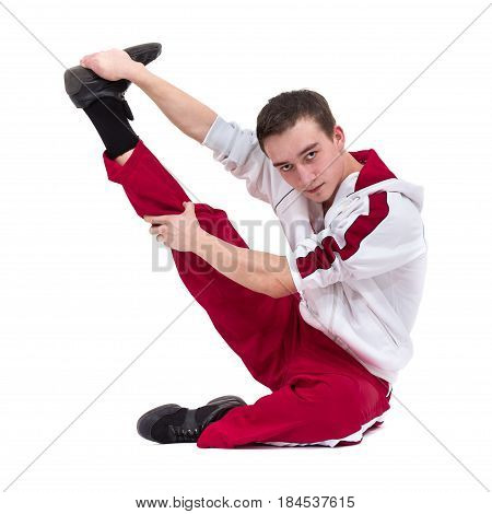 Disco dancer showing some movements against isolated white background in full length.