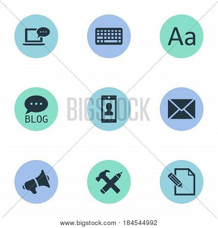 Vector Illustration Set Of Simple Blogging Icons. Elements Document, Profile, Site And Other Synonyms Man, Missive And Site.