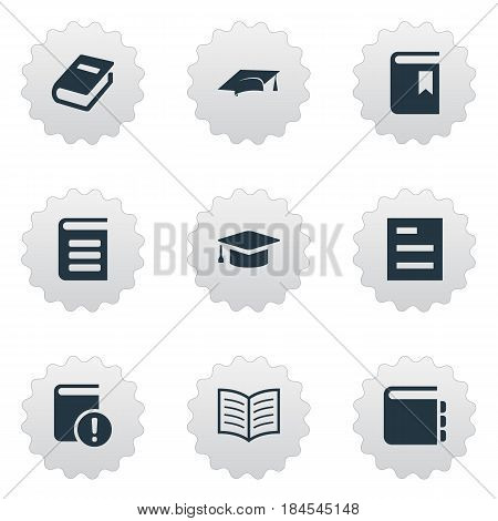 Vector Illustration Set Of Simple Reading Icons. Elements Academic Cap, Encyclopedia, Journal And Other Synonyms Notepad, Document And Hat.