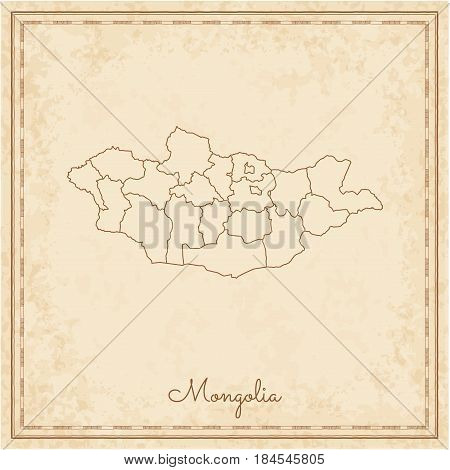 Mongolia Region Map: Stilyzed Old Pirate Parchment Imitation. Detailed Map Of Mongolia Regions. Vect