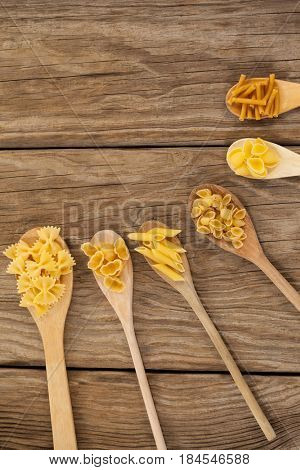 Spoons filled with varieties of pasta on wooden background