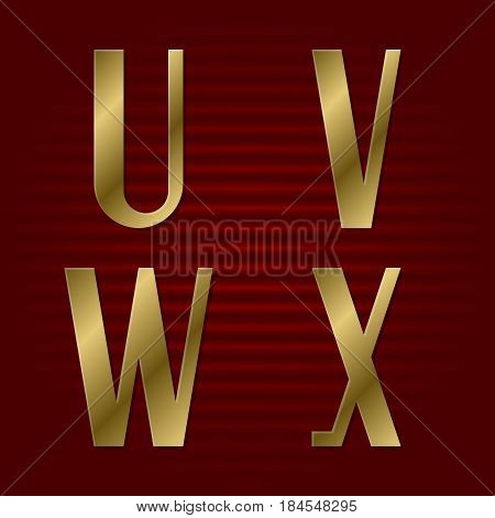 Presentable gold font. U, V, W, X isolated golden letters.
