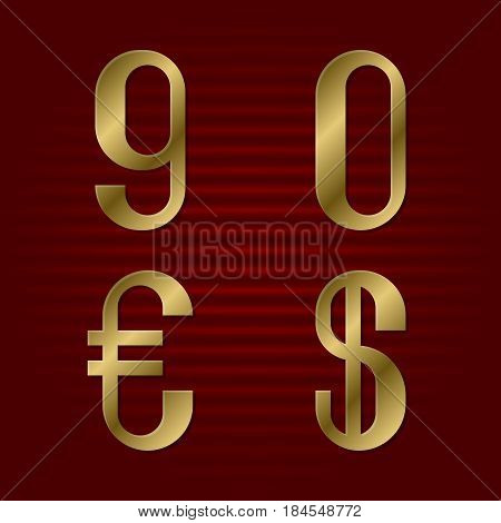 Nine, zero isolated golden numbers, dollar and euro signs. Presentable gold font.