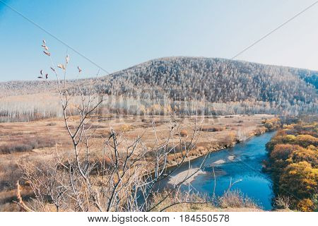 A Moutain Landscape With A River ,lake In Forest In Inner Mongolia Hulunbeier