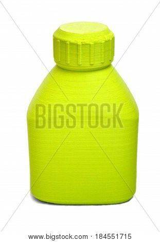 Objects printed by 3d printer Isolated on white background. Bright colorful object. Bottle of green color. Automatic three dimensional 3d printer performs plastic modeling in laboratory.