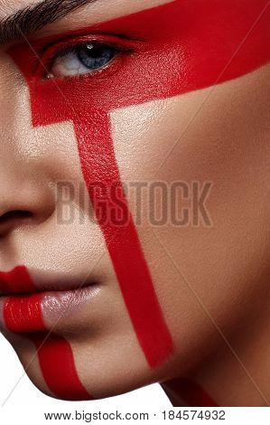 Fashion beauty Girl with futuristic red Stripes creative Make-up