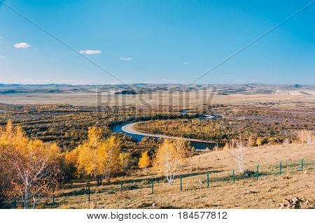 On A Moutain Of Inner Mongolia Hulun Buir River Genhe Wetland In Eergu'na,known As 