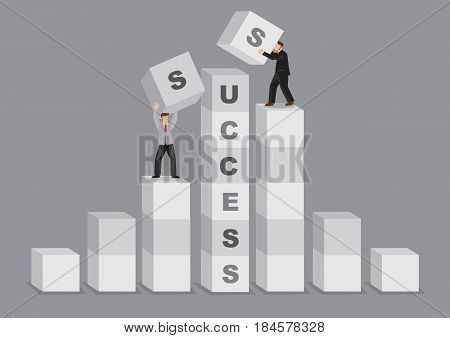 Cartoon businessman in advantageous higher position has upper hand to complete the word Success. Creative vector illustration on concept for comparative advantage in business to success.