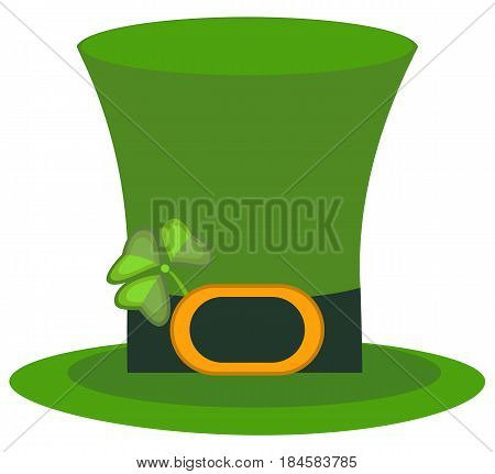 Green material leprechaun hat with brown leather band emblazoned gold shamrock and buckle vector illustration. Patrick ireland green hat celebration clover luck traditional gold coin festive cap.