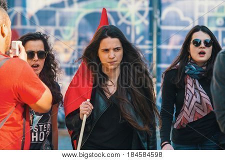 PORTO, PORTUGAL - MAY 1, 2017: During celebration of May Day in the city centre. General Confederation of Portuguese workers, traditionally associated with the Communist party, has 800.000 members.