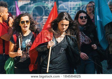 PORTO, PORTUGAL - MAY 1, 2017: During celebration of May Day in the city centre. General Confederation of Portuguese workers, traditionally associated with the Communist party, has 800.000 members.