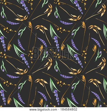 Seamless pattern with yellow dry wildflowers and lavender flowers, hand drawn in watercolor on a dark background