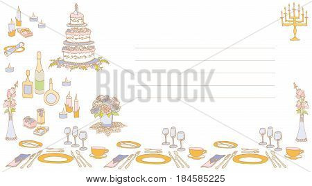 wedding invitation card sketch food drinks cake flowers menorah candles and gifts