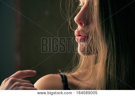 woman or pretty sexy girl with long brunette hair on blurred background has adorable face beauty and fashion tenderness copy space