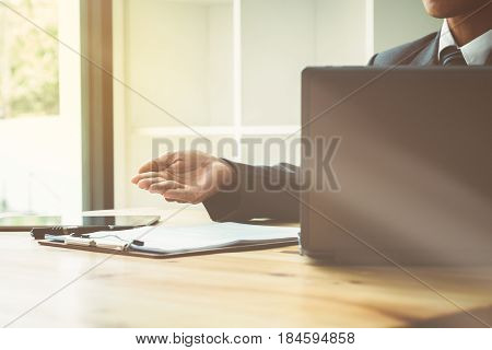 Looking for direction and inspiration, Business working at an office, Office desk table with computer, supplies, flower. Top view. Copy space for text