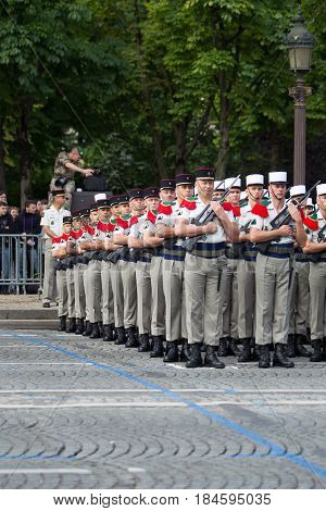 Paris. France. July 14 2012. The ranks of the foreign legionaries of the French foreign legion during parade time on the Champs Elysees in Paris.