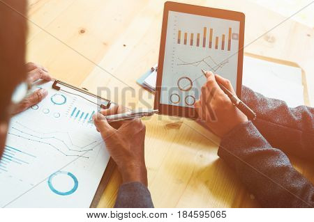 Looking for direction and inspiration, Business working at an office, Office desk table with computer, supplies, flower. Top view. Copy space for text
