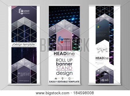 Set of roll up banner stands, flat design templates, abstract geometric style, modern business concept, corporate vertical vector flyers, flag layouts. Abstract colorful neon dots, dotted technology background. Glowing particles, led light pattern, futuri