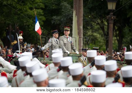 Paris France - July 14 2012. The Chief of Staff of the Armed Forces of the French Republic welcomes the legionaries of the French foreign legion during the parade on the Champs Elysees.