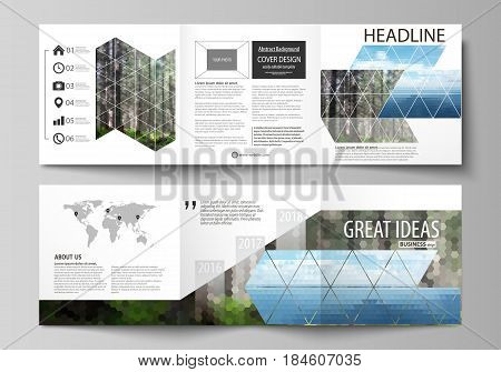 Set of business templates for tri fold square design brochures. Leaflet cover, abstract flat layout, easy editable vector. Colorful background made of triangular or hexagonal texture for travel business, natural landscape in polygonal style.