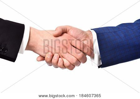 business partnership meeting businessman handshake successful businessmen handshaking after good deal isolated on white background