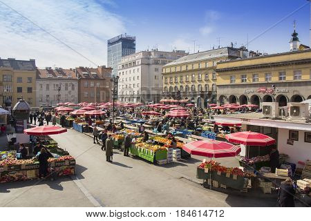 ZAGREB/CROATIA-MARCH 14: Dolac Marketplace in Zagreb. It is the largest and most famous market in the very center of the city on March 14 2017 in Zagreb Croatia.