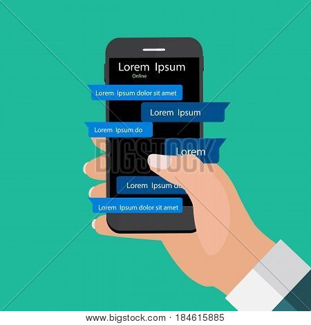 Mobile Apps Concept Hand Holding Phone. Social network concept. Abstract  Messenger Wndow with Chating and Message Chat Boxes. Vector illustration. EPS10